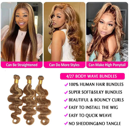 P4/27 Highlight Human Hair Bundles Body Wave Ombre Blonde Human Hair Bundles Extensions Wavy Brazilian Human Hair Bundles Weave