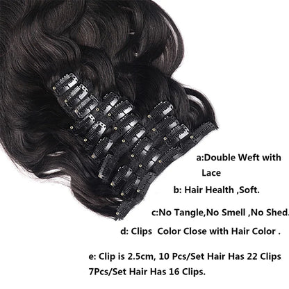 Brazilian Body Wave Remy Hair clips 7 pieces of hair extensions